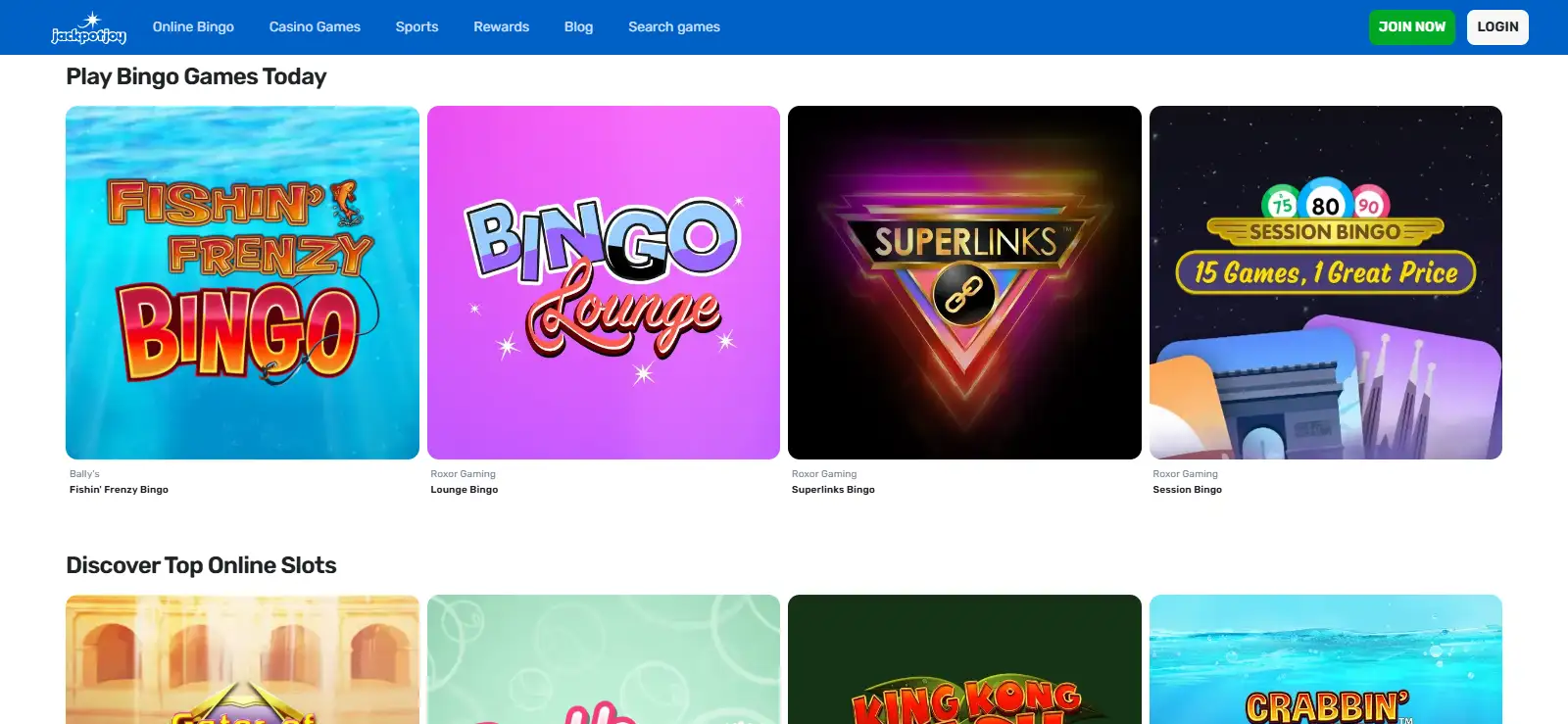 Jackpotjoy UK homepage showing the current bingo and casino interface